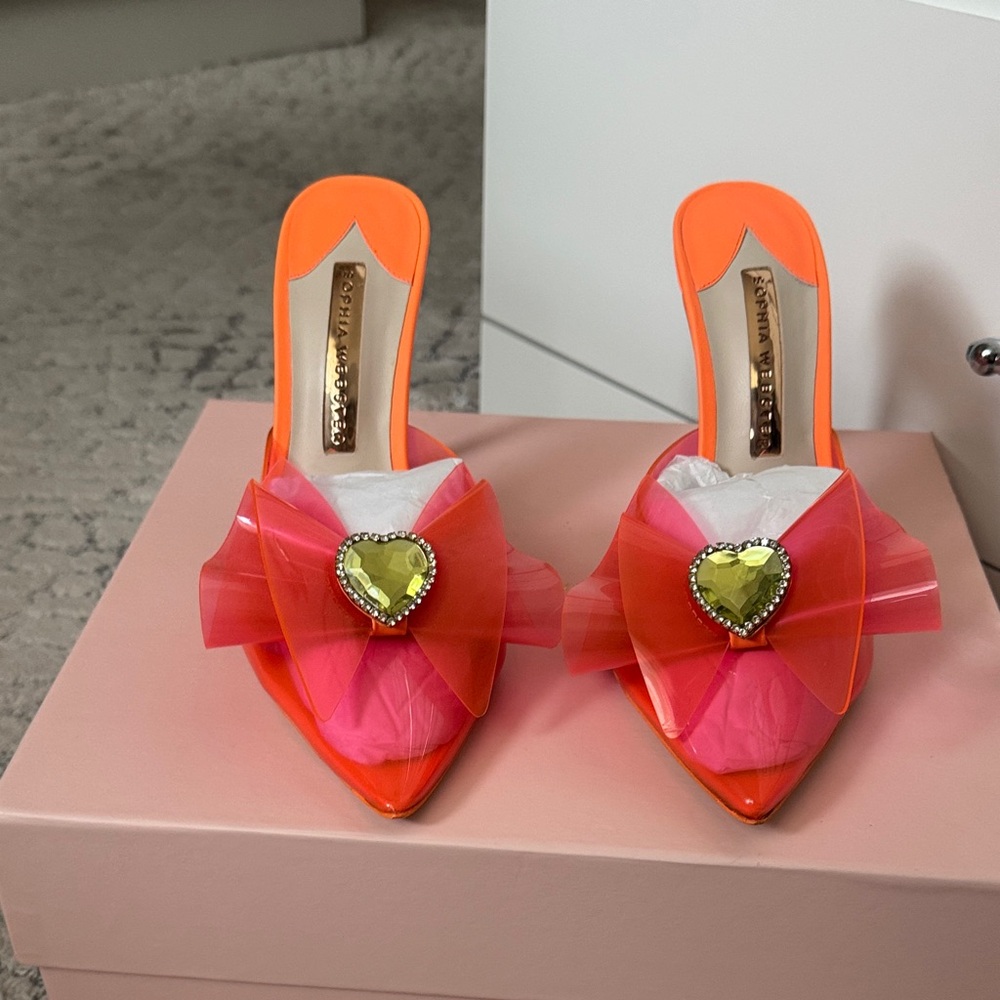 Sophia Webster Leah mules Orange and Pink mules with Heart Detail